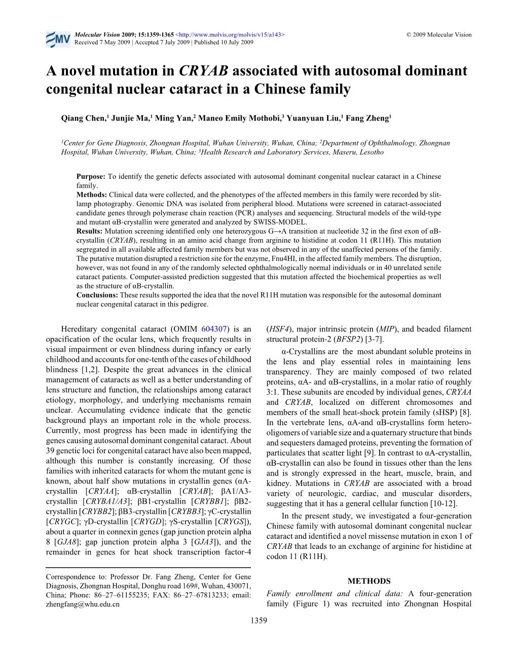 A Novel Mutation in CRYAB Associated with Autosomal Dominant Congenital Nuclear Cataract in a Chinese Family