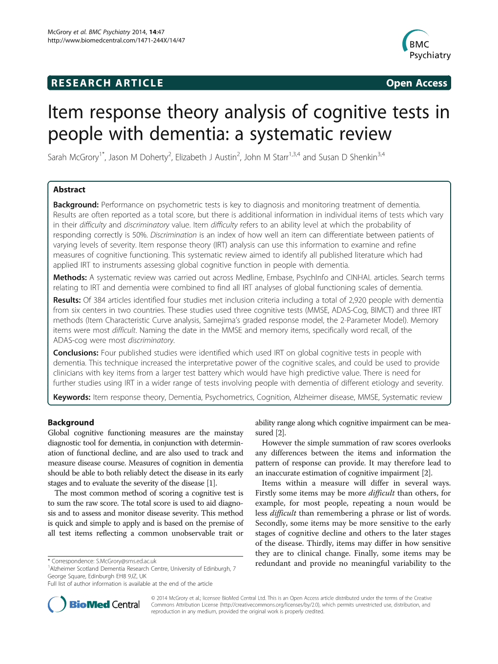 Item Response Theory Analysis of Cognitive Tests In