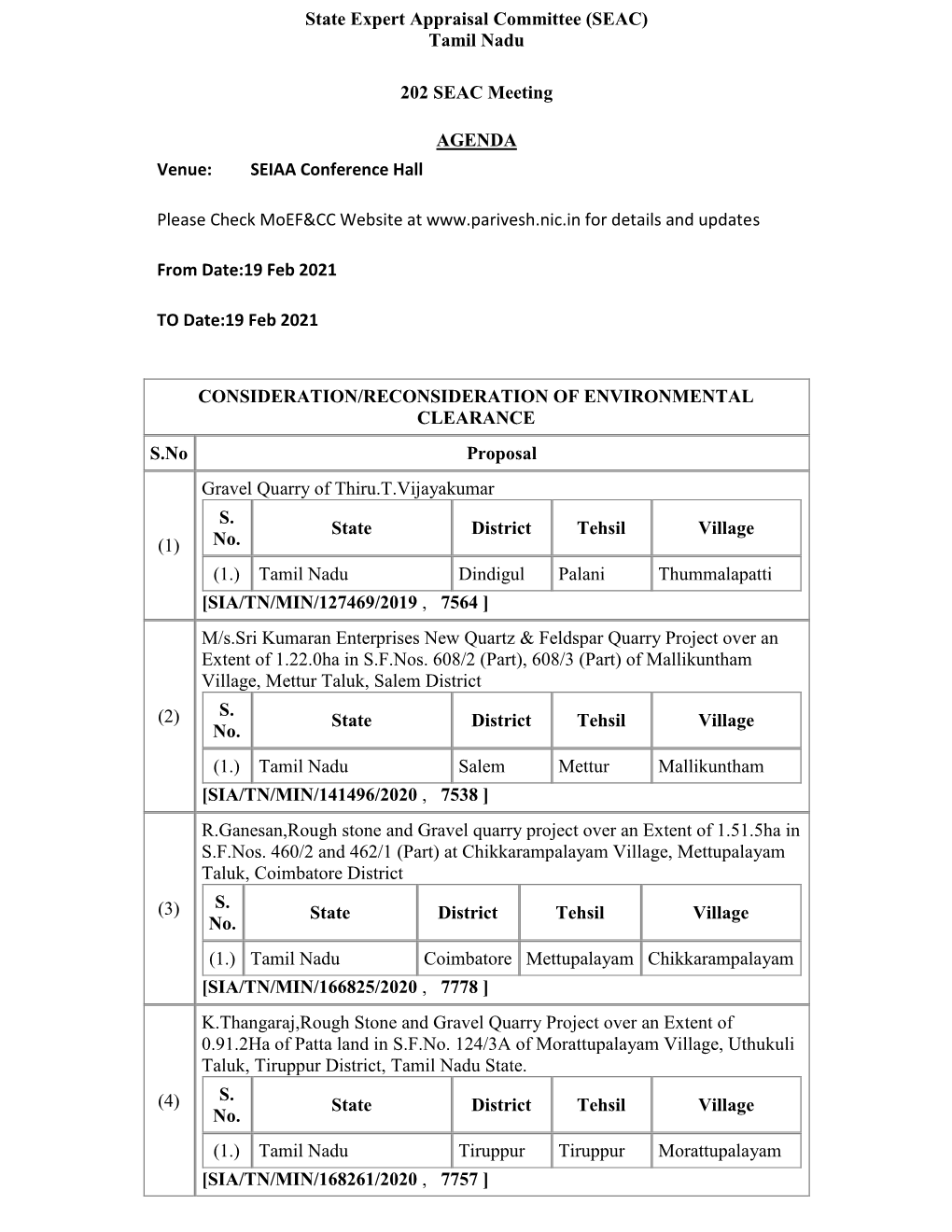 Tamil Nadu 202 SEAC Meeting AGENDA Venue: SEIAA