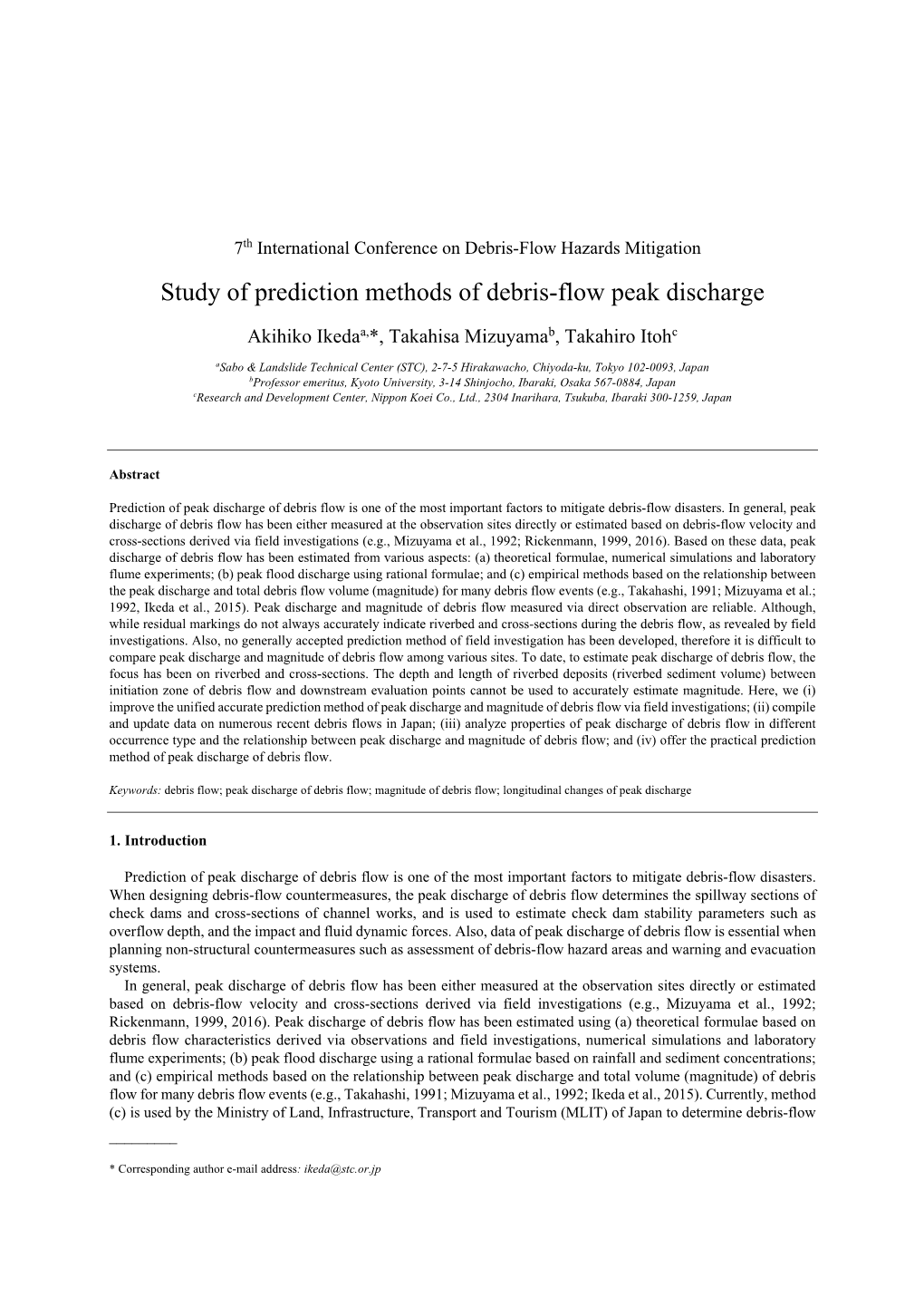 Study of Prediction Methods of Debris-Flow Peak Discharge