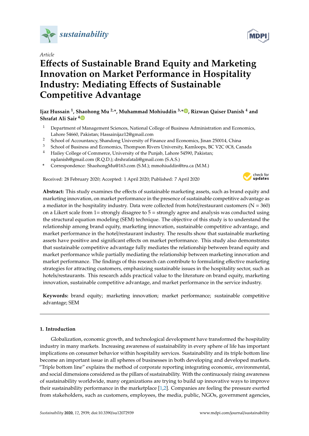 Effects of Sustainable Brand Equity and Marketing Innovation on Market Performance in Hospitality Industry