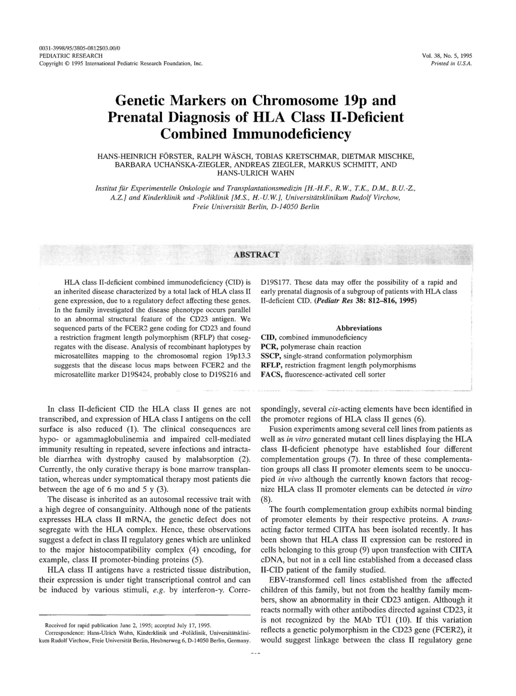 Genetic Markers on Chromosome 19P and Prenatal Diagnosis of HLA Class II-Deficient Combined Immunodeficiency