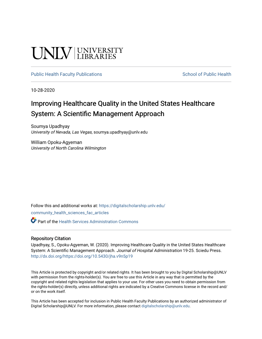 Improving Healthcare Quality in the United States Healthcare System: a Scientific Management Approach