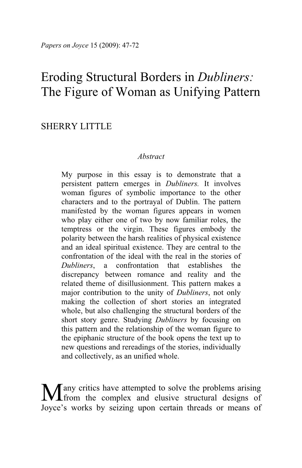 Eroding Structural Borders in Dubliners: the Figure of Woman As Unifying Pattern