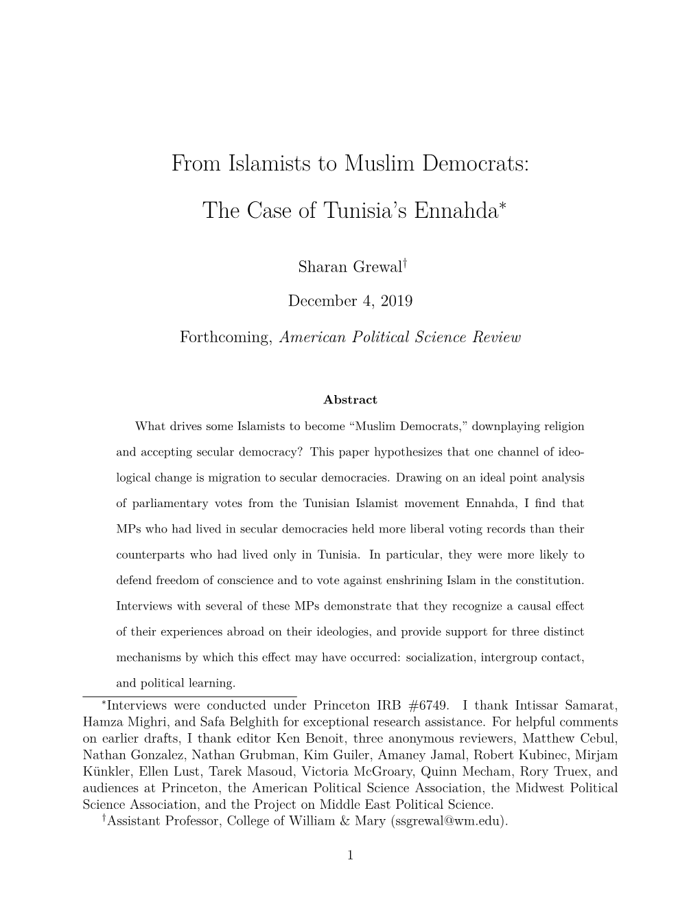 From Islamists to Muslim Democrats: the Case of Tunisia's Ennahda