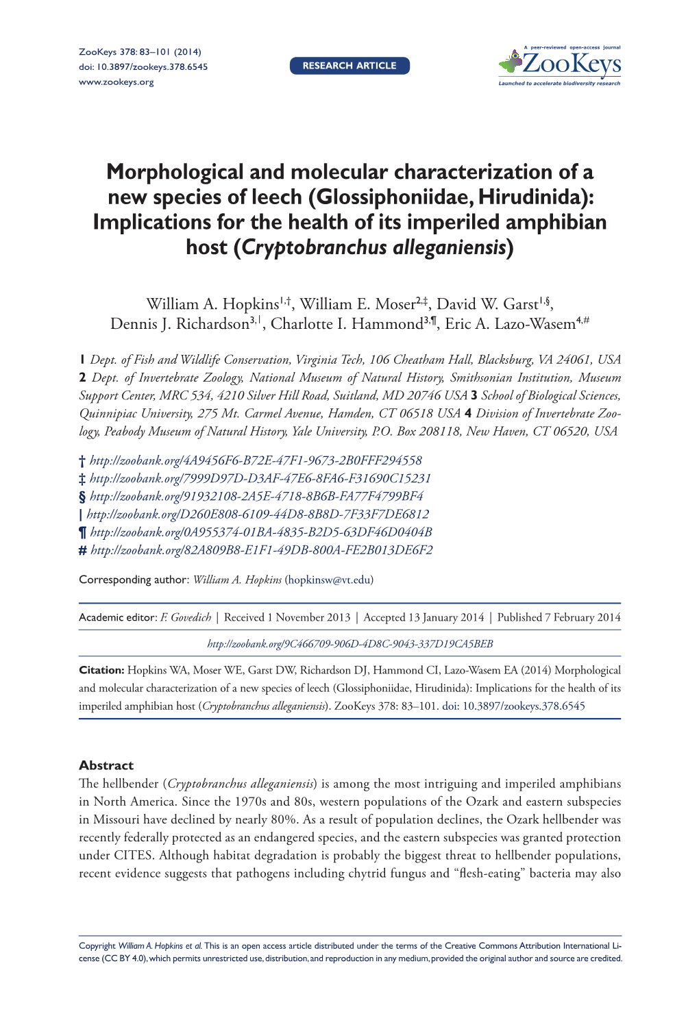 Glossiphoniidae, Hirudinida): Implications for the Health of Its Imperiled Amphibian Host (Cryptobranchus Alleganiensis)