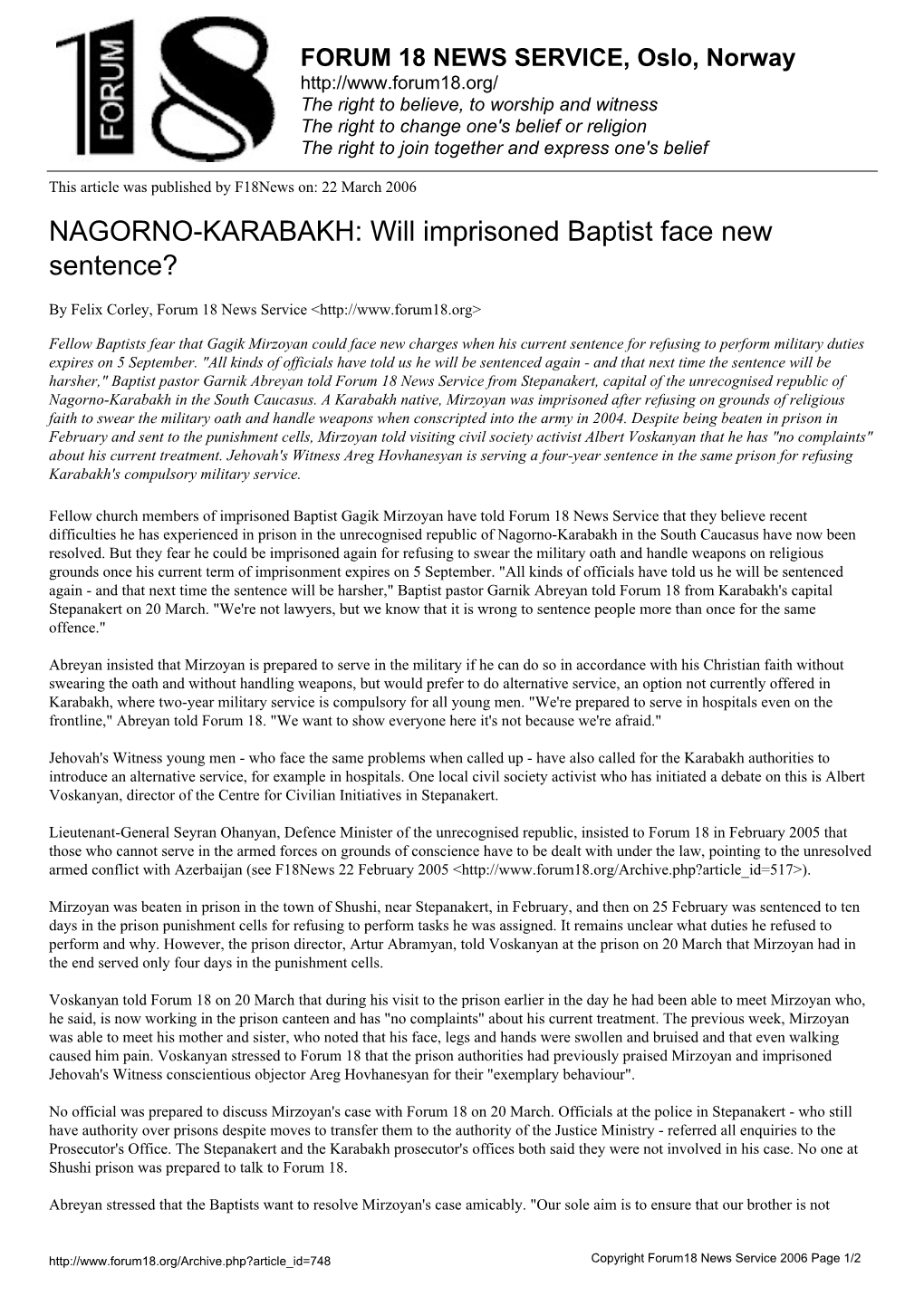 NAGORNO-KARABAKH: Will Imprisoned Baptist Face New Sentence?