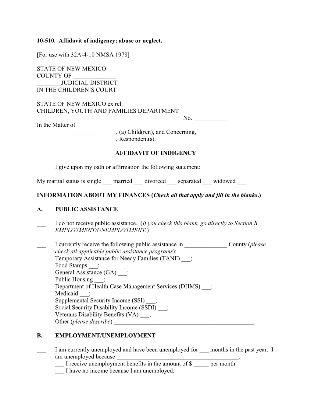 10-510. Affidavit of Indigency; Abuse Or Neglect