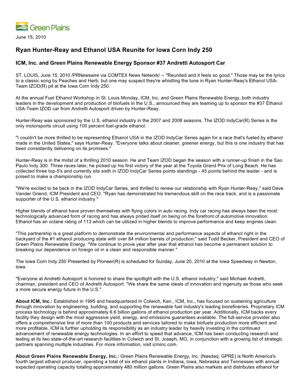 Ryan Hunter-Reay and Ethanol USA Reunite for Iowa Corn Indy 250