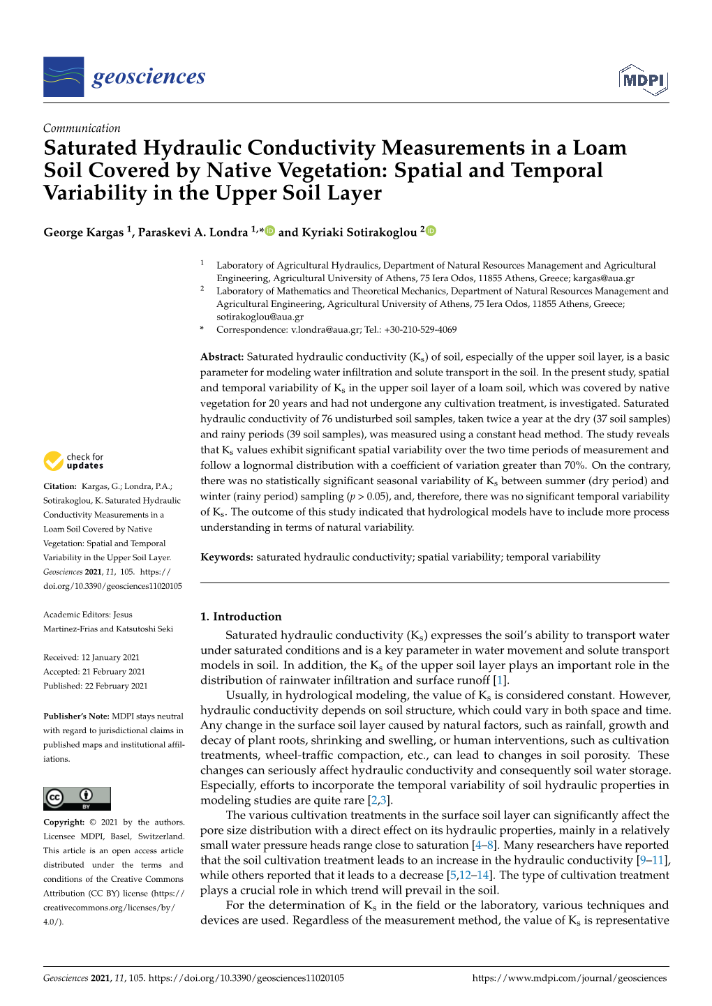 Saturated Hydraulic Conductivity Measurements in a Loam Soil Covered by Native Vegetation: Spatial and Temporal Variability in the Upper Soil Layer