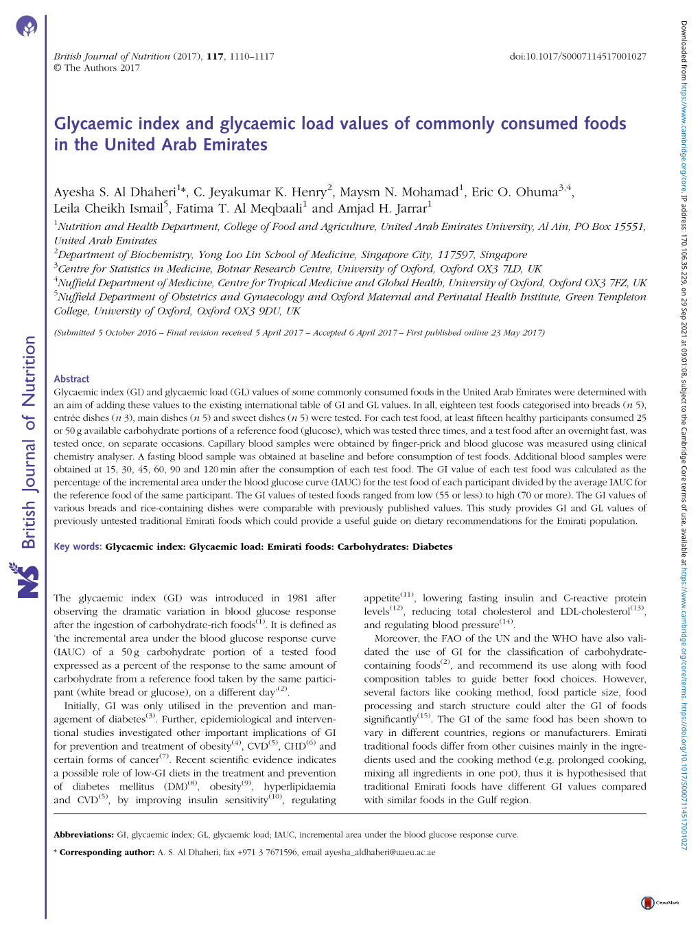 Glycaemic Index and Glycaemic Load Values of Commonly Consumed Foods in the United Arab Emirates