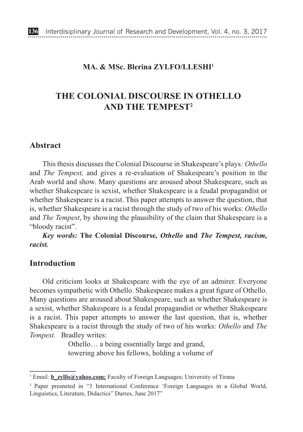 The Colonial Discourse in Othello and the Tempest2