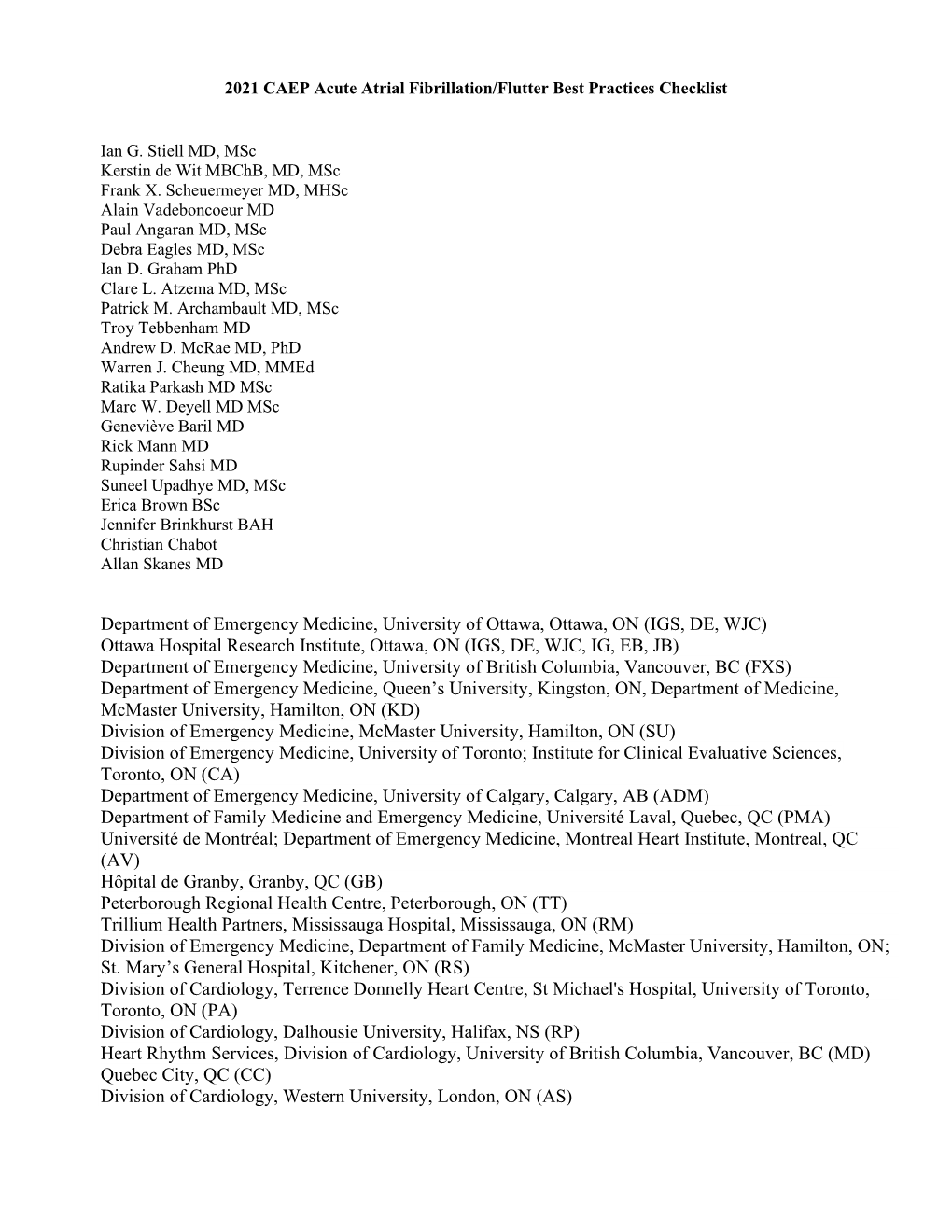 2021 CAEP Acute Atrial Fibrillation/Flutter Best Practices Checklist