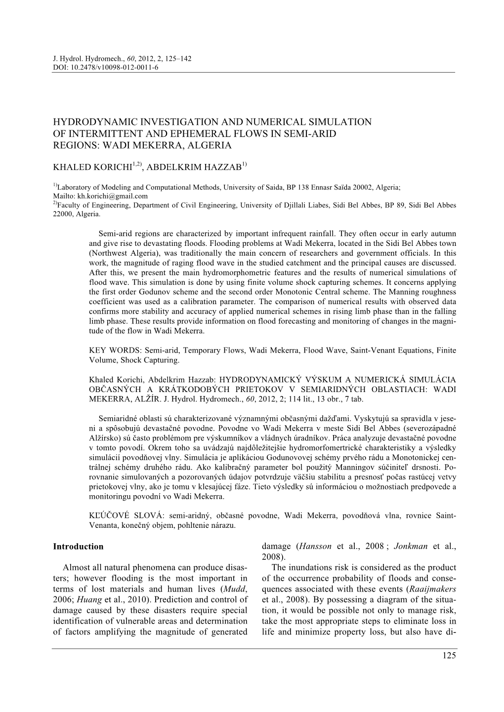 Hydrodynamic Investigation and Numerical Simulation of Intermittent and Ephemeral Flows in Semi-Arid Regions: Wadi Mekerra, Algeria