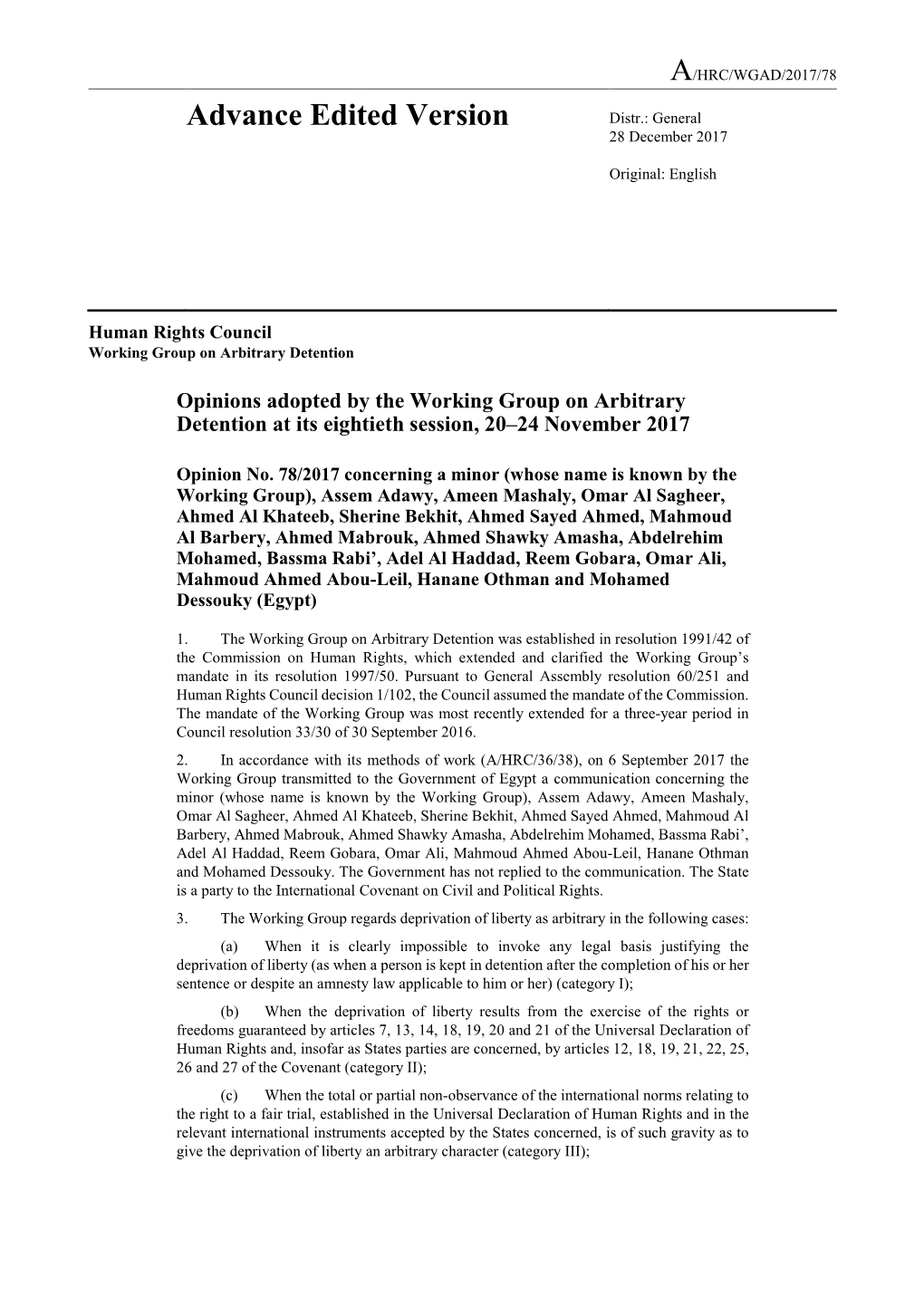 Opinions Adopted by the Working Group on Arbitrary Detention at Its Eightieth Session, 20–24 November 2017