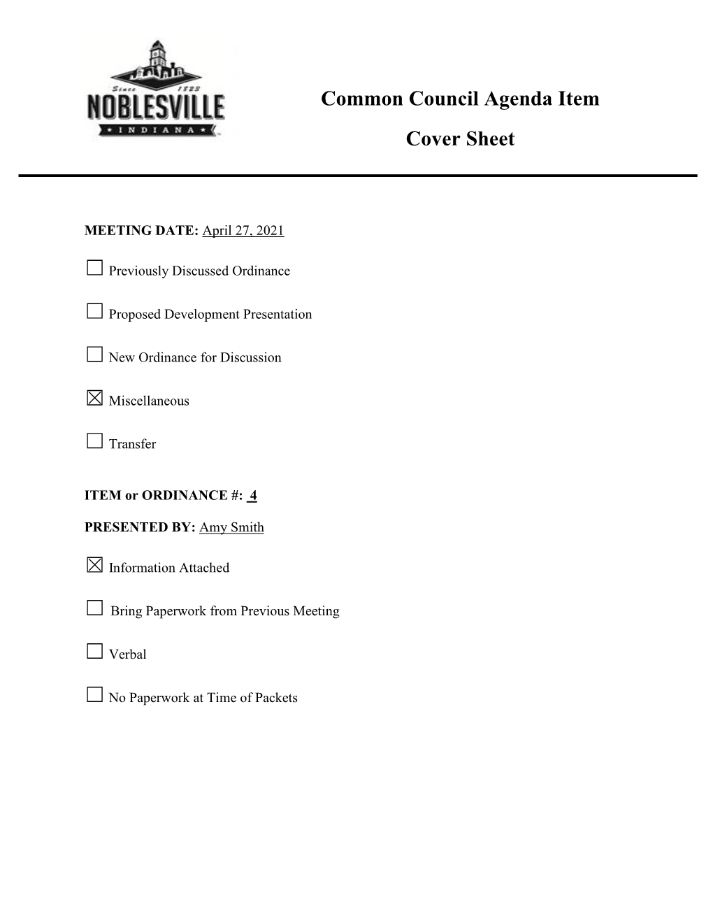 Common Council Agenda Item Cover Sheet