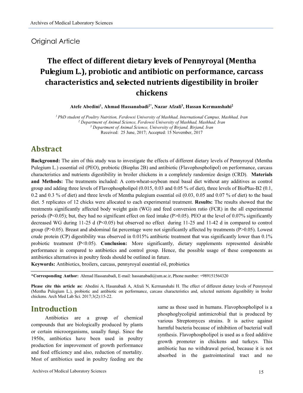 The Effect of Different Dietary Levels of Pennyroyal (Mentha Pulegium L