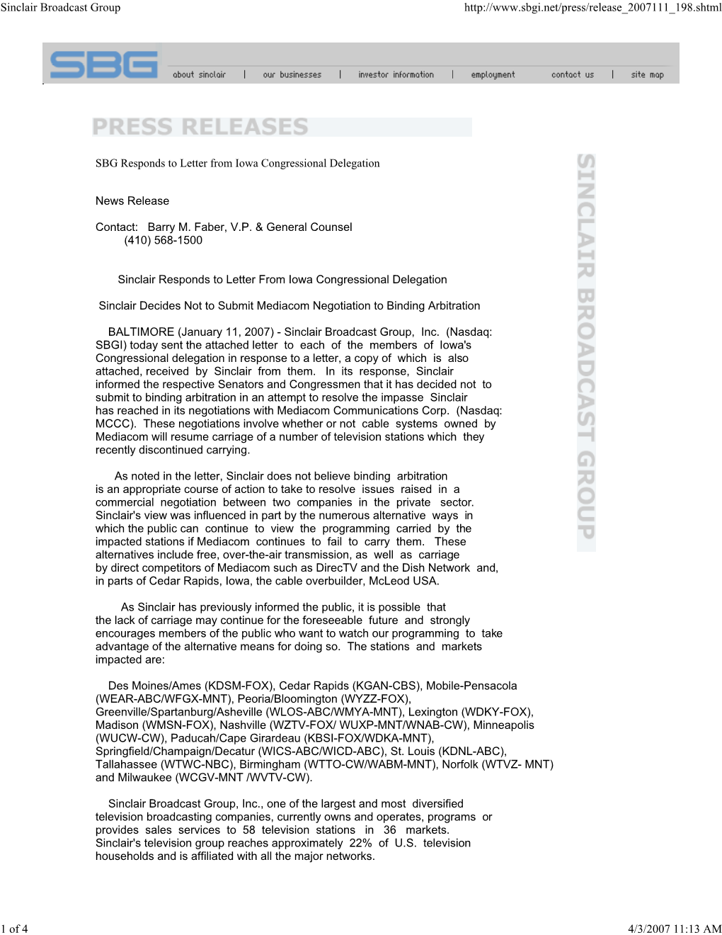 01 11 2007 SBGI Responds to Letter from Iowa Congressional Delegation