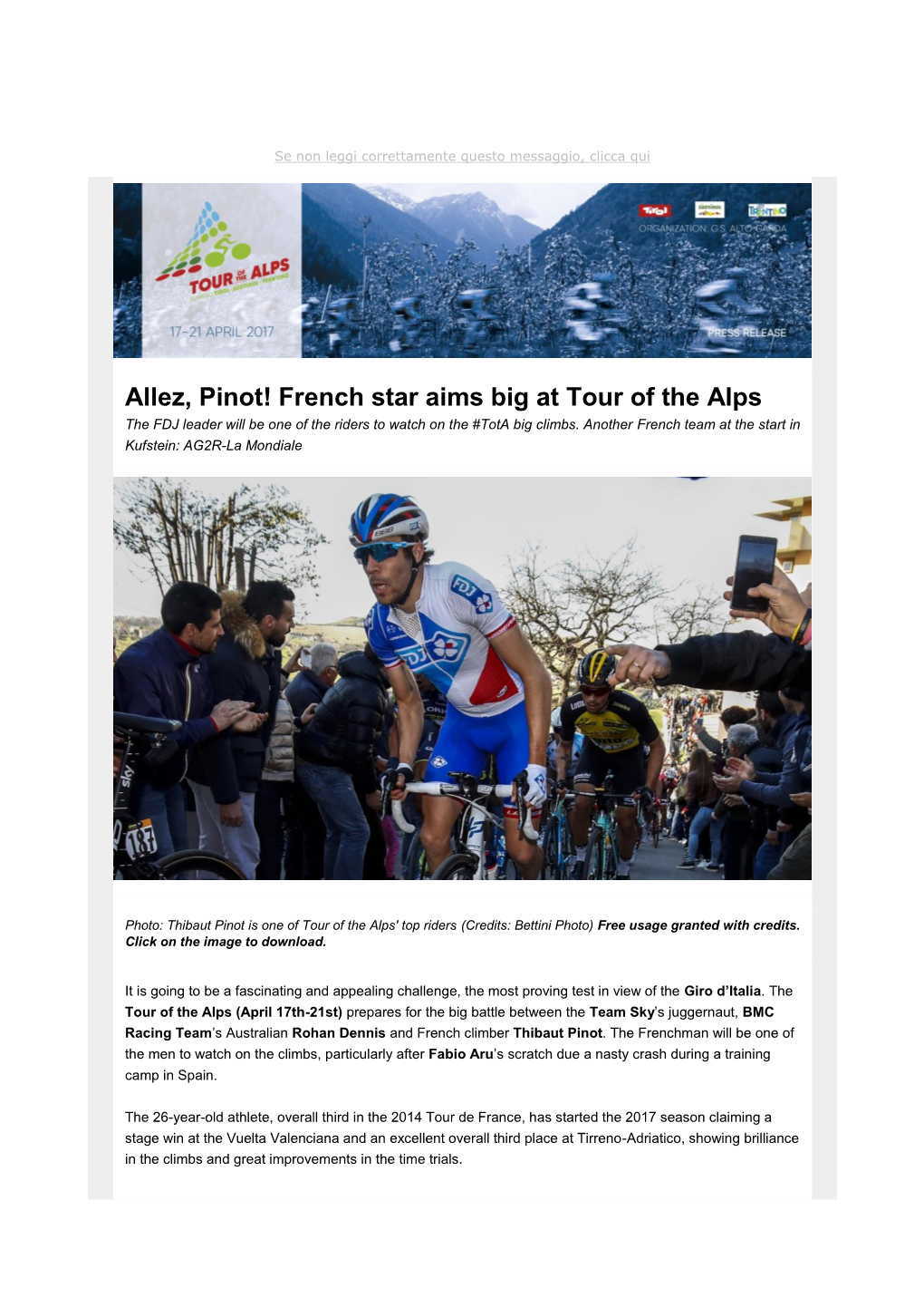 Allez, Pinot! French Star Aims Big at Tour of the Alps the FDJ Leader Will Be One of the Riders to Watch on the #Tota Big Climbs