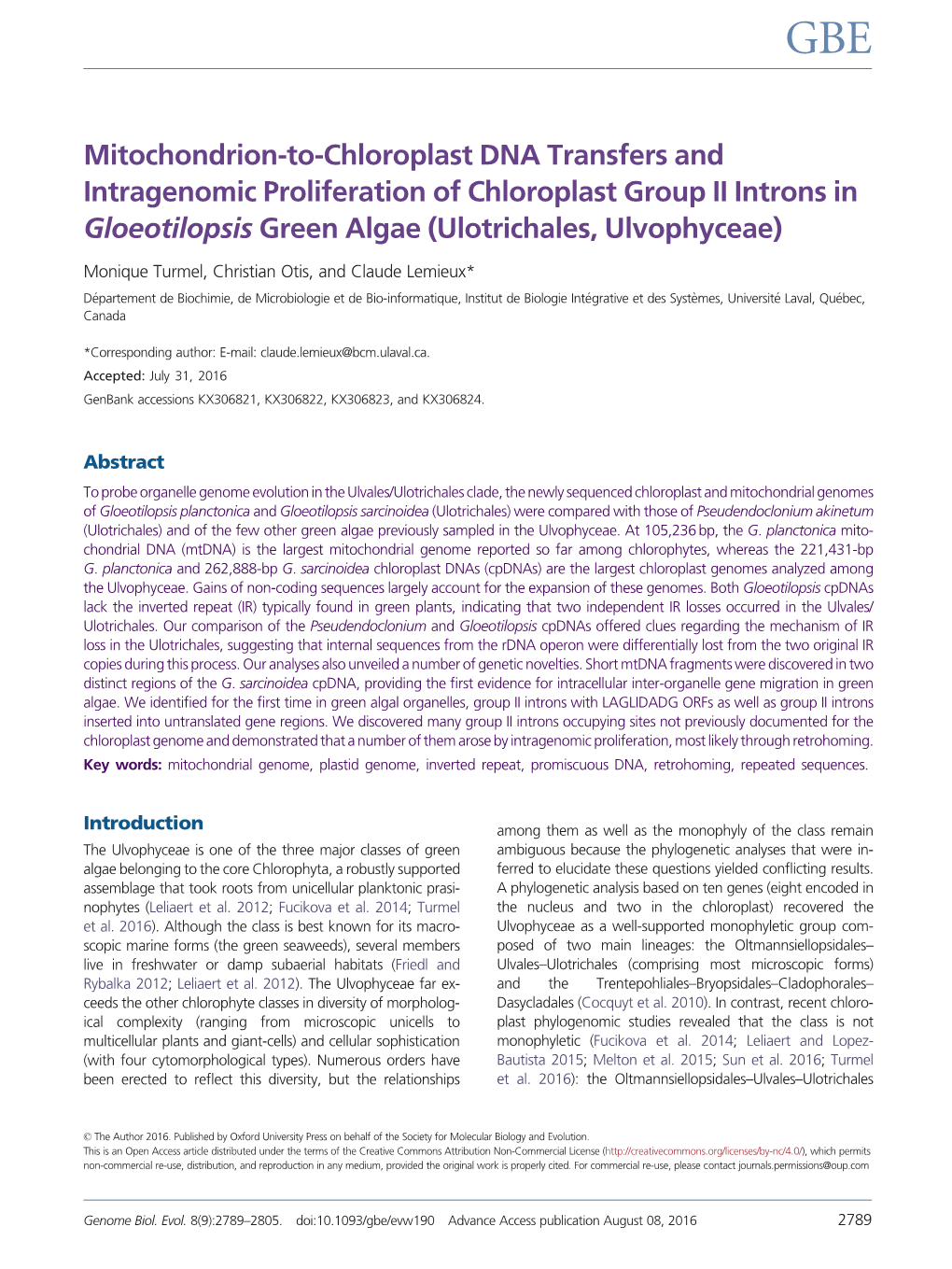Mitochondrion-To-Chloroplast DNA Transfers and Intragenomic Proliferation of Chloroplast Group II Introns in Gloeotilopsis Green Algae (Ulotrichales, Ulvophyceae)