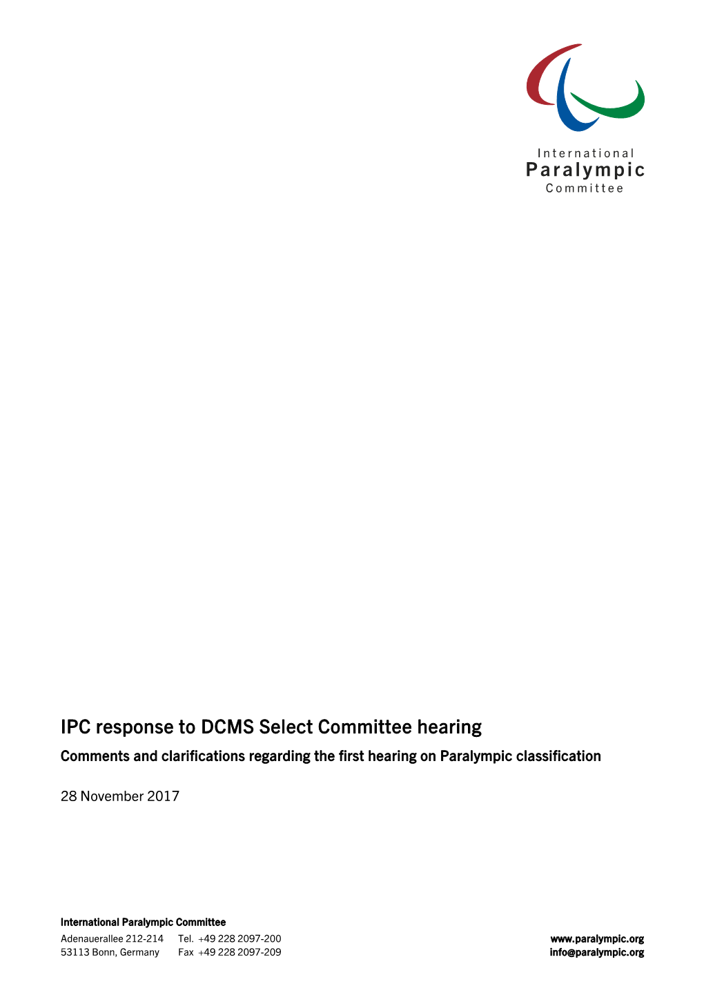 IPC Response to DCMS Select Committee Hearing Comments and Clarifications Regarding the First Hearing on Paralympic Classification