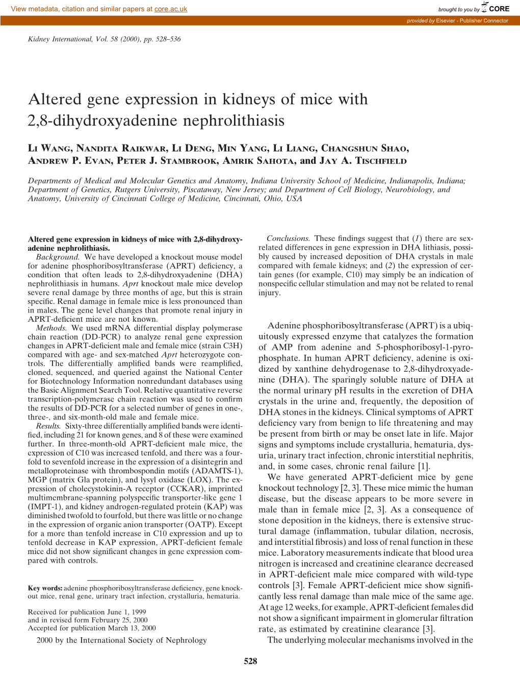 Altered Gene Expression in Kidneys of Mice with 2,8-Dihydroxyadenine Nephrolithiasis