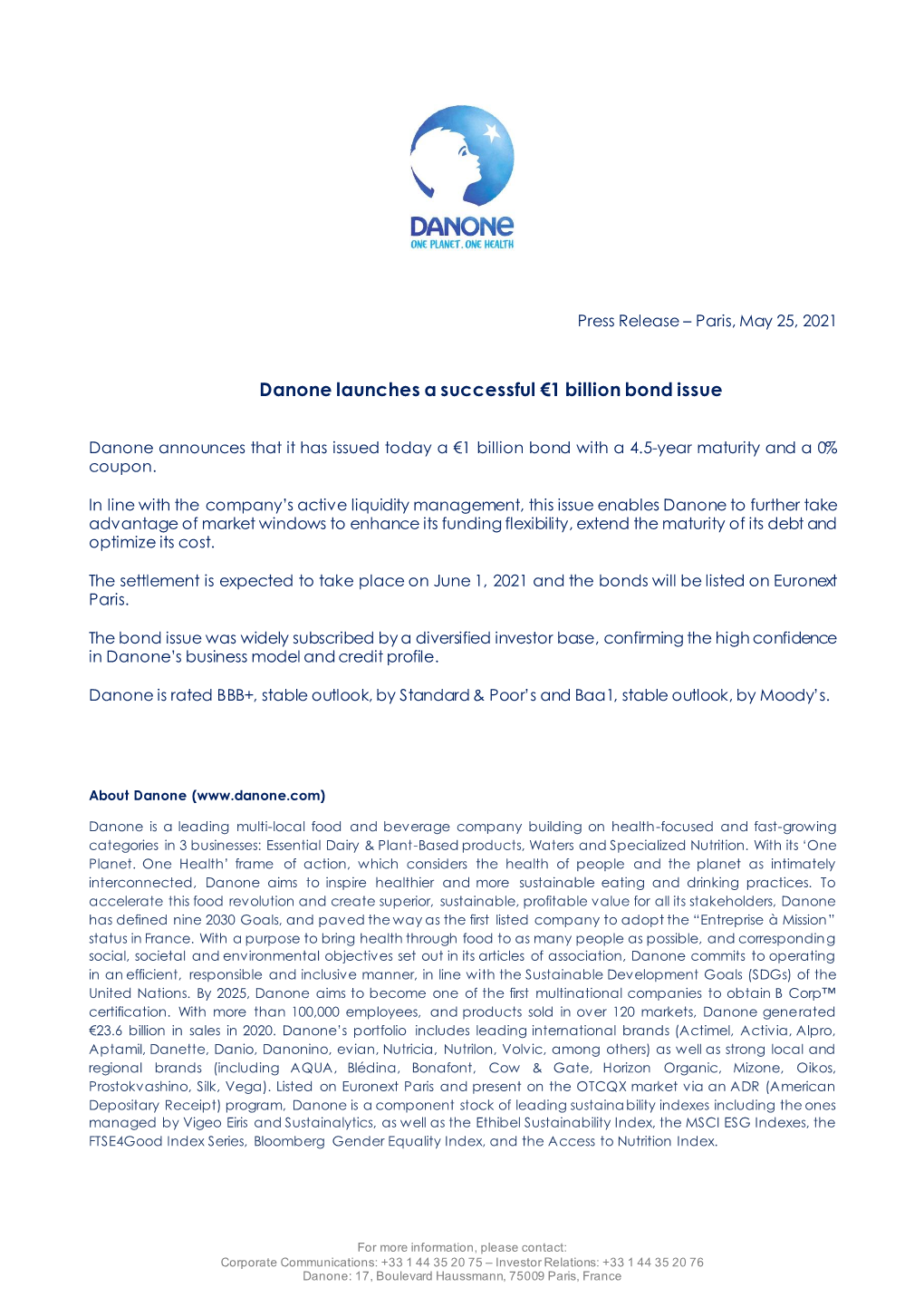 Danone Launches a Successful €1 Billion Bond Issue