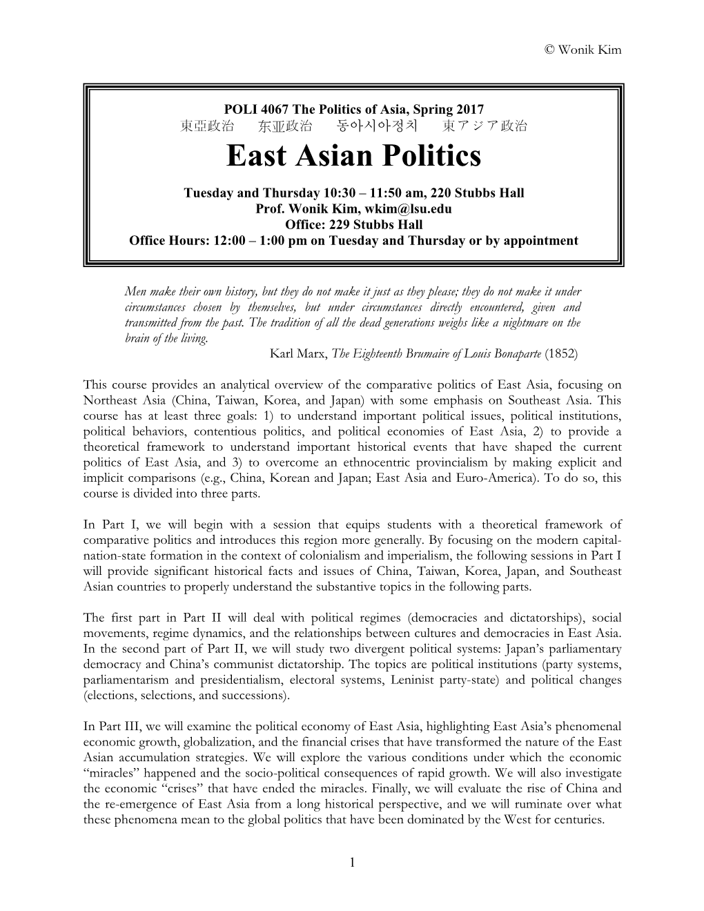 POLI 4067: Comparative Politics of East Asia, Fall 2007