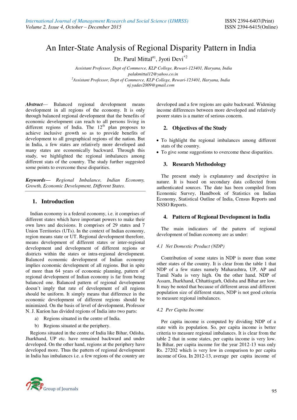 An Inter-State Analysis of Regional Disparity Pattern in India Dr