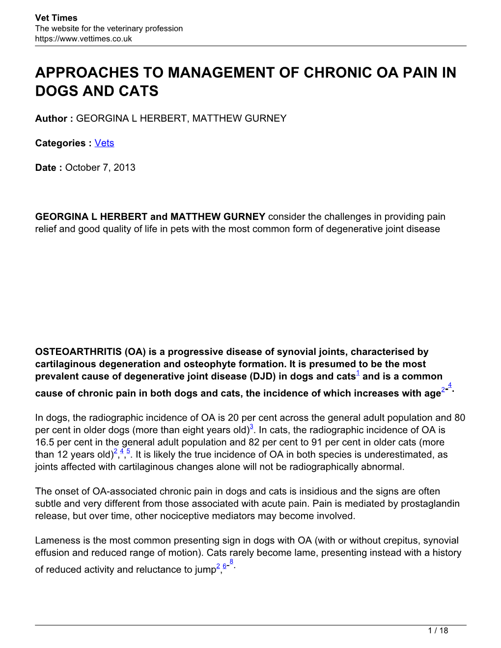 Approaches to Management of Chronic Oa Pain in Dogs and Cats