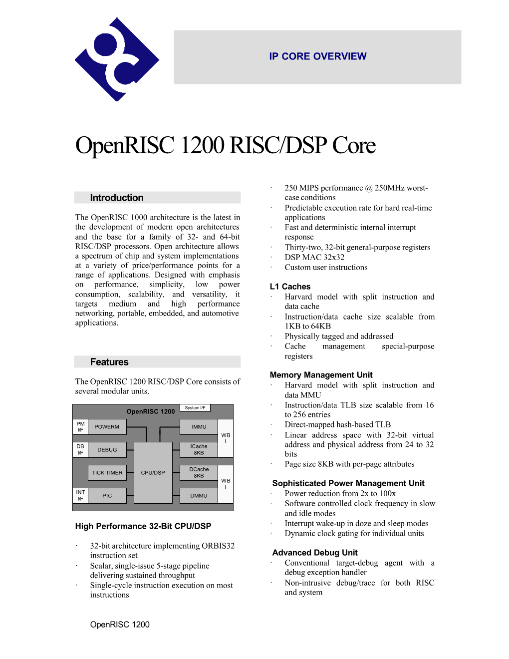 Openrisc 1200 RISC/DSP Core Overview