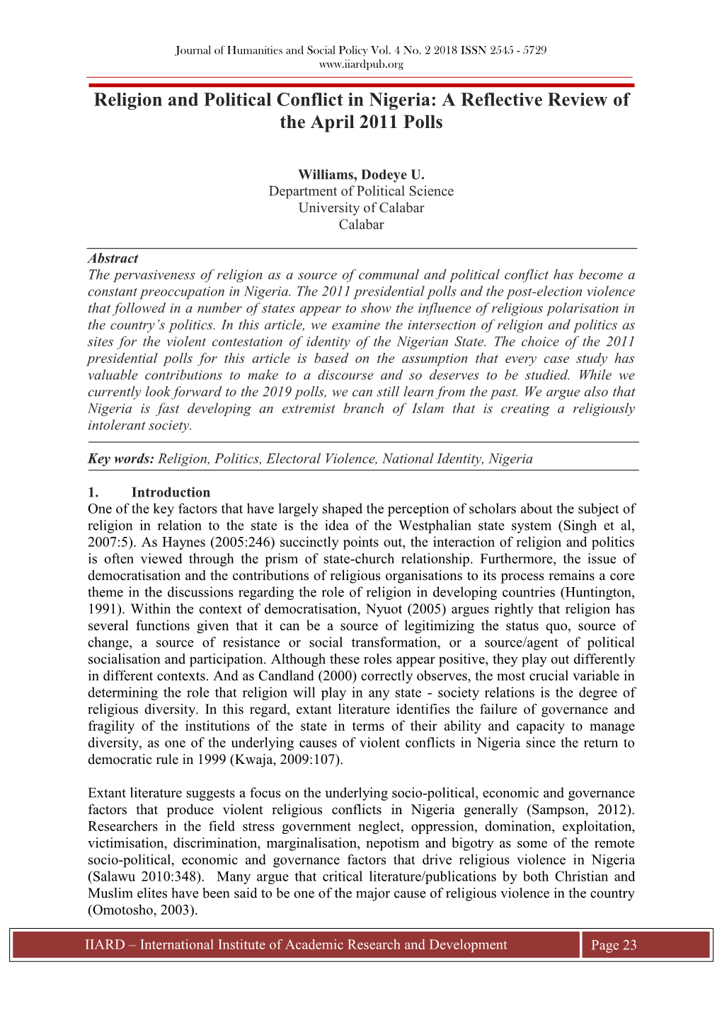 Religion and Political Conflict in Nigeria: a Reflective Review of the April 2011 Polls