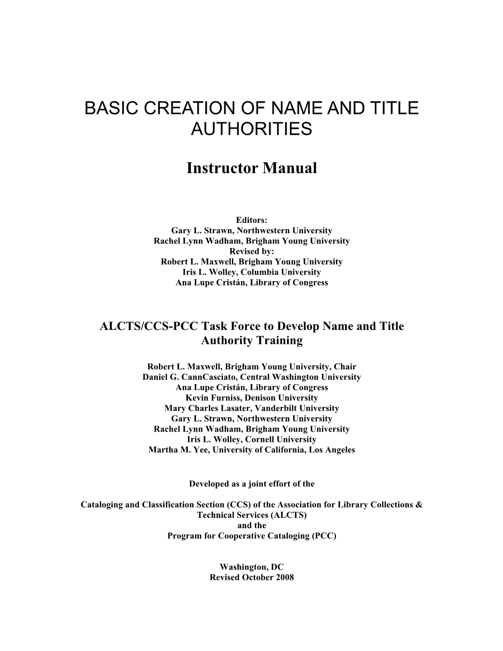 Basic Creation of Name and Title Authorities Instructor Manual