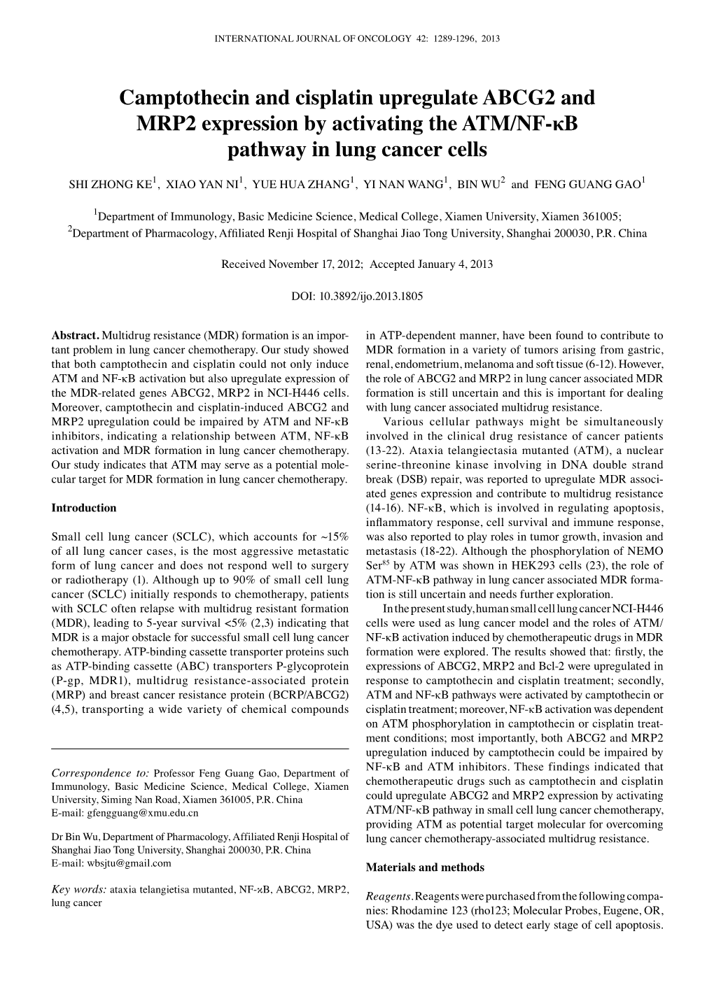 Camptothecin and Cisplatin Upregulate ABCG2 and MRP2 Expression by Activating the ATM/NF-Κb Pathway in Lung Cancer Cells