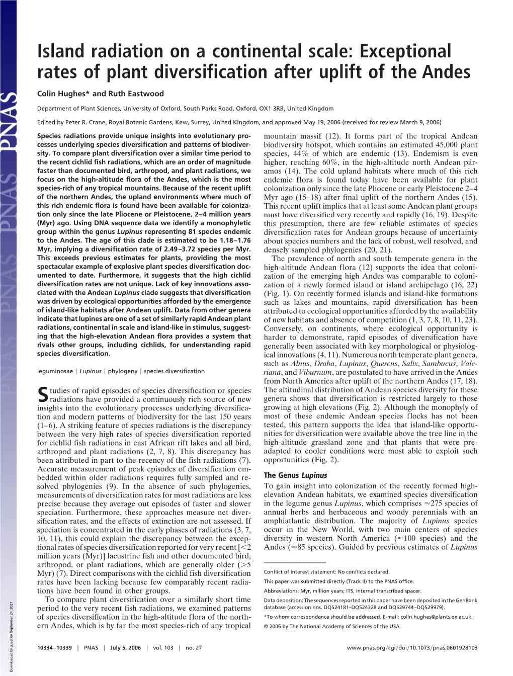 Island Radiation on a Continental Scale: Exceptional Rates of Plant Diversification After Uplift of the Andes