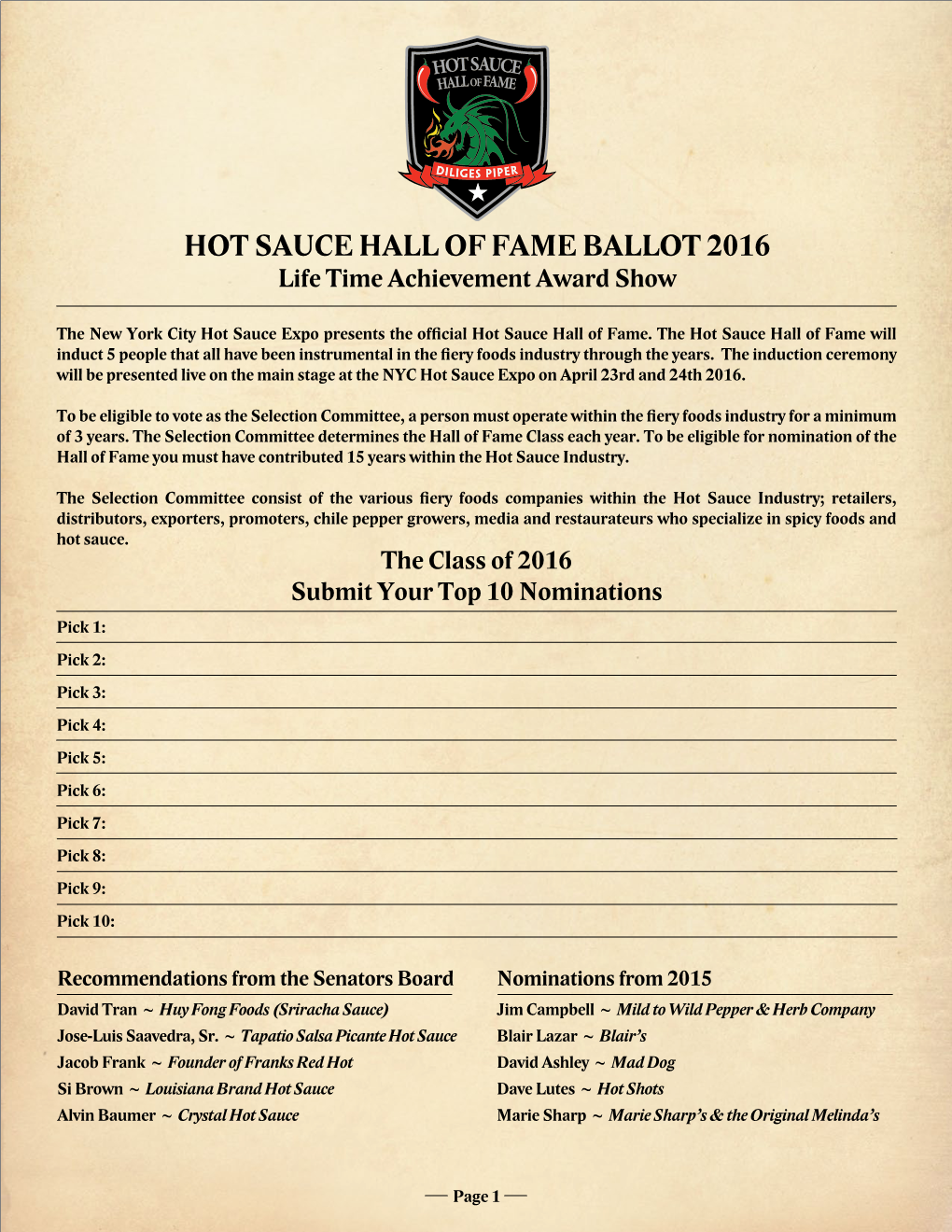 HOT SAUCE HALL of FAME BALLOT 2016 Life Time Achievement Award Show