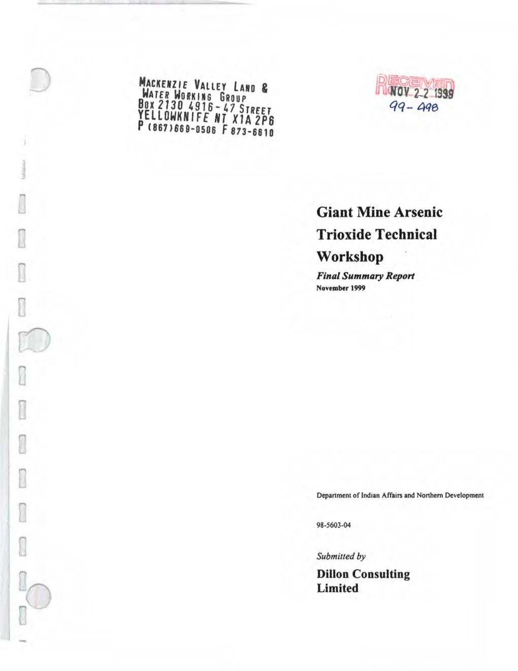 Giant Mine Arsenic Trioxide Technical Workshop Final Summary Report November 1999