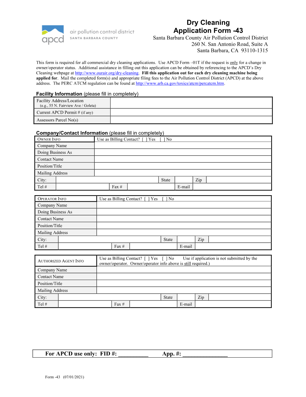 Dry Cleaning Application Form -43 Santa Barbara County Air Pollution Control District 260 N