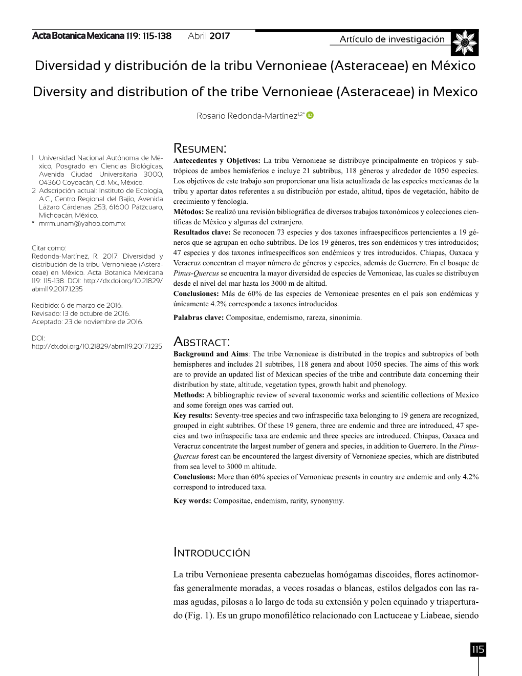 Diversidad Y Distribución De La Tribu Vernonieae (Asteraceae) En México Diversity and Distribution of the Tribe Vernonieae (Asteraceae) in Mexico