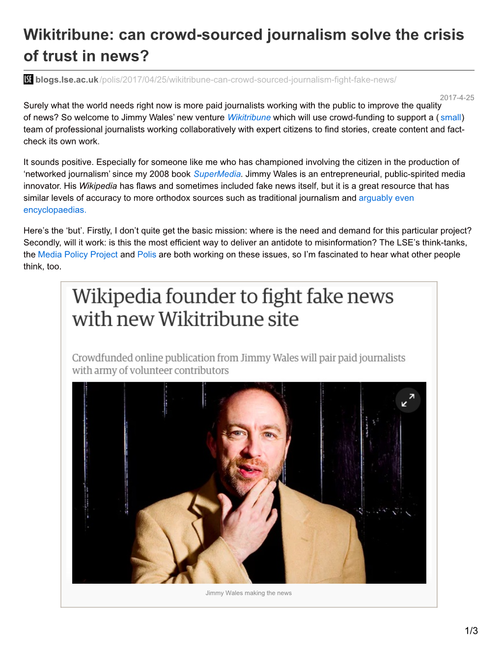 Wikitribune: Can Crowd-Sourced Journalism Solve the Crisis of Trust in News?