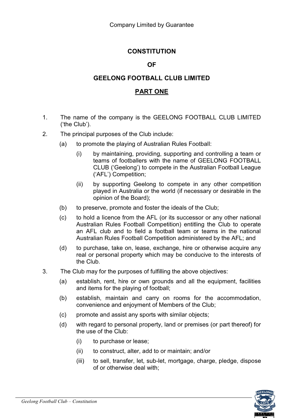 Constitution of Geelong Football Club Limited Part