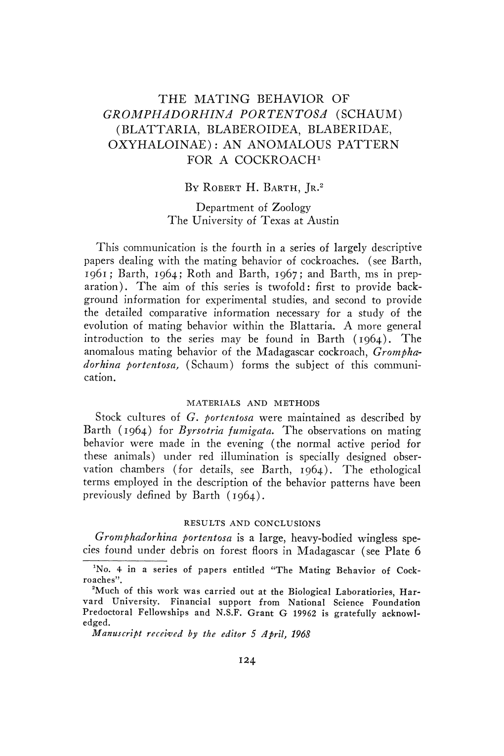 (Blattaria, Blaberoidea, Blaberidae, Oxyhaloinae) an Anomalous Pattern for a Cockroach by Robert H