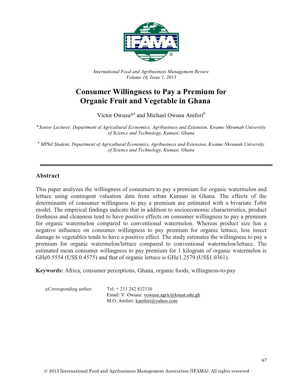 Consumer Willingness to Pay a Premium for Organic Fruit and Vegetable in Ghana