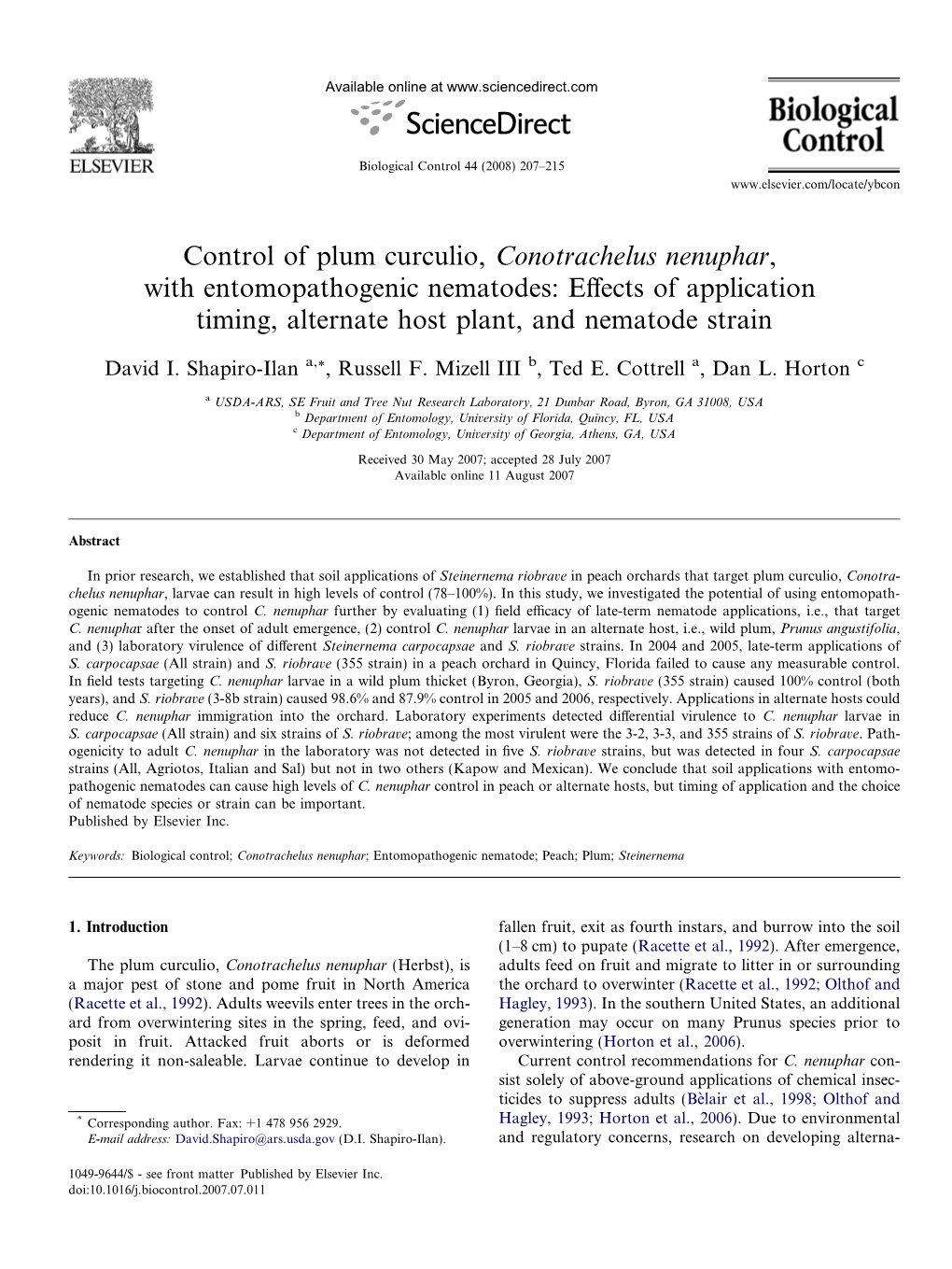 Control of Plum Curculio, Conotrachelus Nenuphar, with Entomopathogenic Nematodes: Eﬀects of Application Timing, Alternate Host Plant, and Nematode Strain