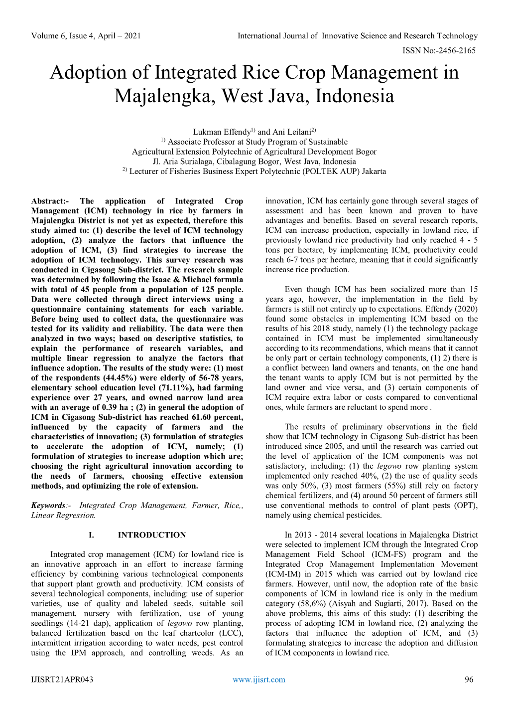 Adoption of Integrated Rice Crop Management in Majalengka, West Java, Indonesia