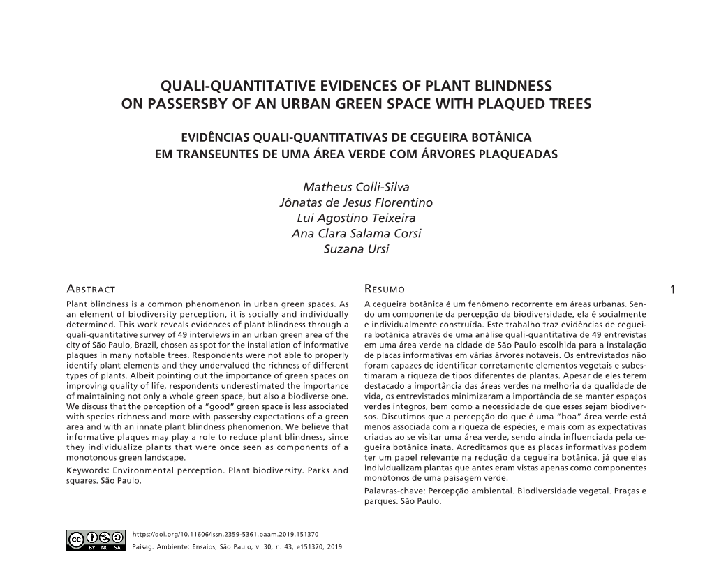 Quali-Quantitative Evidences of Plant Blindness on Passersby of an Urban Green Space with Plaqued Trees