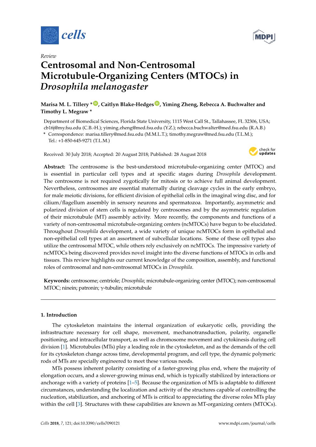 Centrosomal and Non-Centrosomal Microtubule-Organizing Centers (Mtocs) in Drosophila Melanogaster