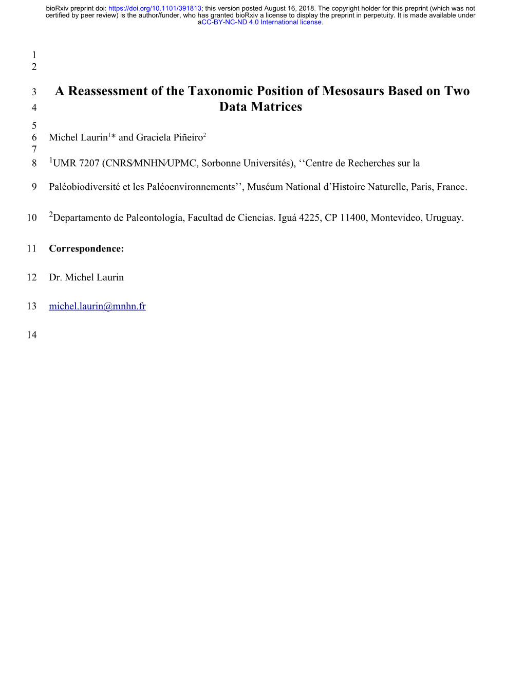 A Reassessment of the Taxonomic Position of Mesosaurs