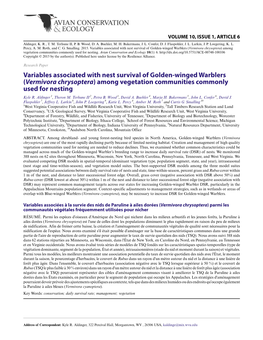 Variables Associated with Nest Survival of Golden-Winged Warblers (Vermivora Chrysoptera) Among Vegetation Communities Commonly Used for Nesting