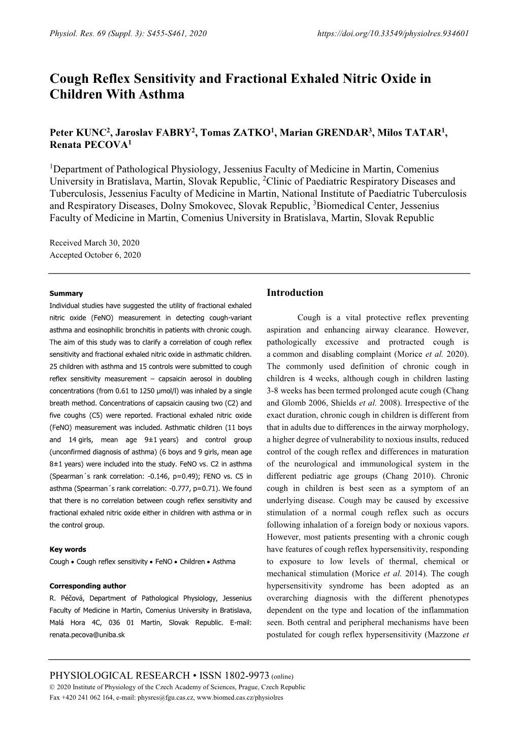 Cough Reflex Sensitivity and Fractional Exhaled Nitric Oxide in Children with Asthma